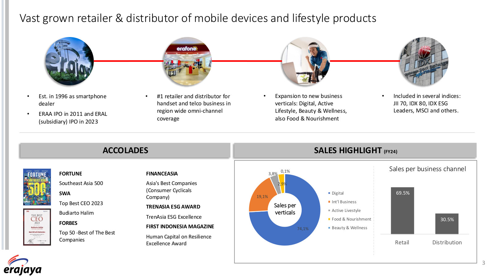 The company in one page — founded 1996, IPO 2011, ERAL IPO 2023, with the FY2024 sales split by vertical and by channel.
